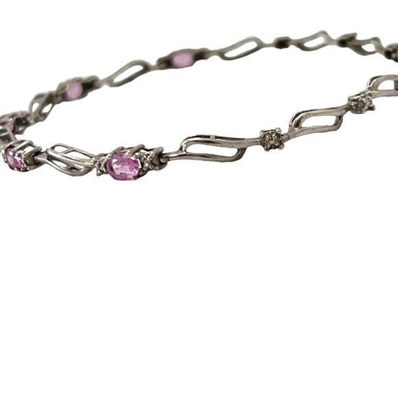 10k White Gold & Pink Sapphire Bracelet with Diamond Illusions 7” - Picture 9 of 10